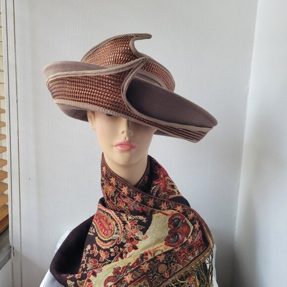 Sandra Bollman NY Neutral-Toned Tan Felt Mesh Fascinator Hat - Picture 7 of 14